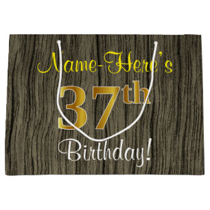 Faux Wood Look, Faux Gold 37th Birthday + Name Large Gift Bag