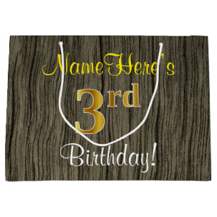 Faux Wood Look, Faux Gold 3rd Birthday + Name Large Gift Bag