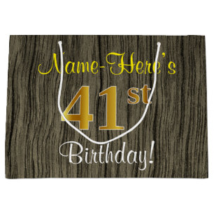 Faux Wood Look, Faux Gold 41st Birthday + Name Large Gift Bag