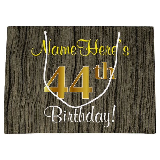 Faux Wood Look, Faux Gold 44th Birthday + Name Large Gift Bag (Front)