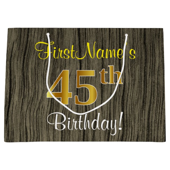 Faux Wood Look, Faux Gold 45th Birthday + Name Large Gift Bag (Front)