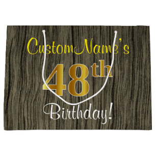 Faux Wood Look, Faux Gold 48th Birthday + Name Large Gift Bag