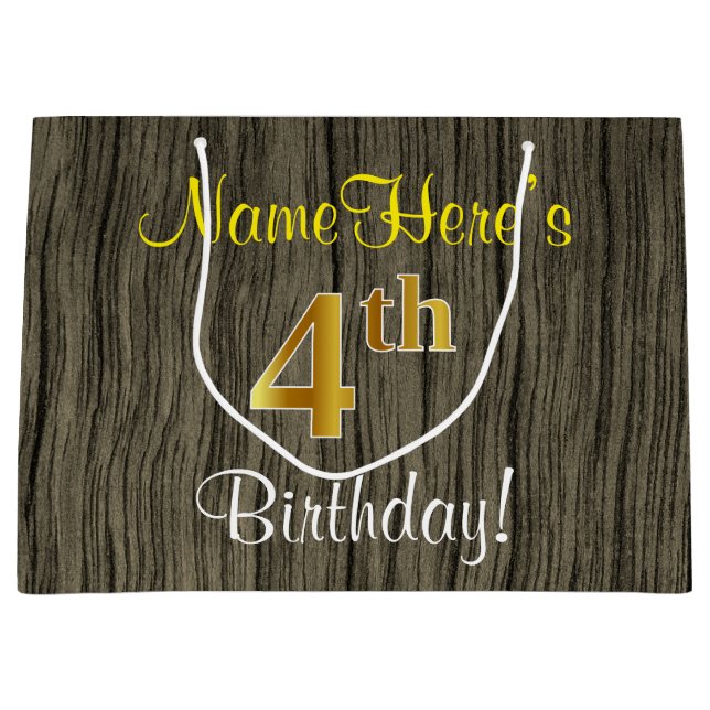 Faux Wood Look, Faux Gold 4th Birthday + Name Large Gift Bag (Front)
