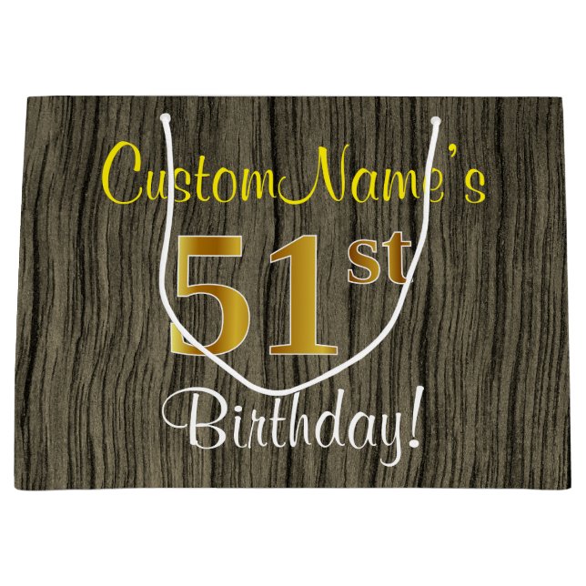 Faux Wood Look, Faux Gold 51st Birthday + Name Large Gift Bag (Front)