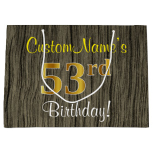 Faux Wood Look, Faux Gold 53rd Birthday + Name Large Gift Bag