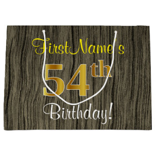 Faux Wood Look, Faux Gold 54th Birthday + Name Large Gift Bag
