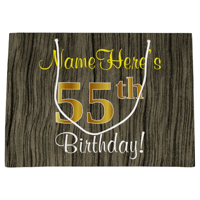 Faux Wood Look, Faux Gold 55th Birthday + Name Large Gift Bag (Front)