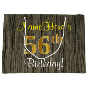 Faux Wood Look, Faux Gold 56th Birthday + Name Large Gift Bag