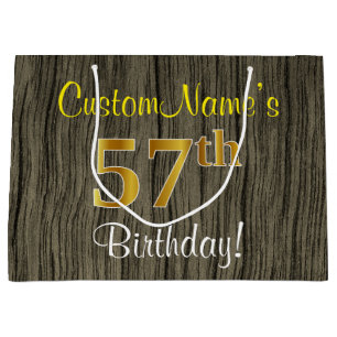 Faux Wood Look, Faux Gold 57th Birthday + Name Large Gift Bag