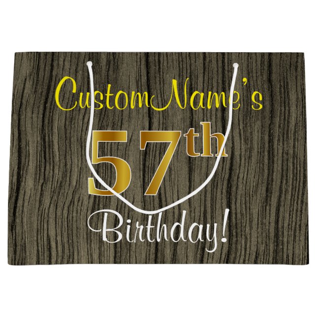 Faux Wood Look, Faux Gold 57th Birthday + Name Large Gift Bag (Front)