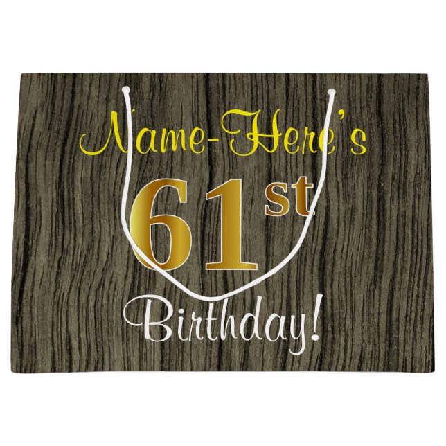 Faux Wood Look, Faux Gold 61st Birthday + Name Large Gift Bag (Front)