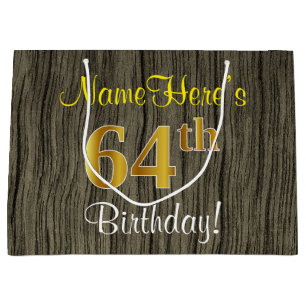 Faux Wood Look, Faux Gold 64th Birthday + Name Large Gift Bag