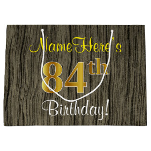 Faux Wood Look, Faux Gold 84th Birthday + Name Large Gift Bag