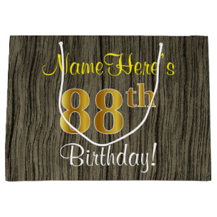 Faux Wood Look, Faux Gold 88th Birthday + Name Large Gift Bag
