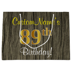 Faux Wood Look, Faux Gold 89th Birthday + Name Large Gift Bag