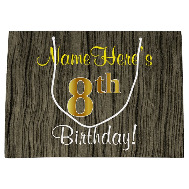 Faux Wood Look, Faux Gold 8th Birthday + Name Large Gift Bag (Front)