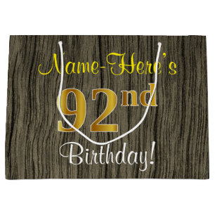 Faux Wood Look, Faux Gold 92nd Birthday + Name Large Gift Bag