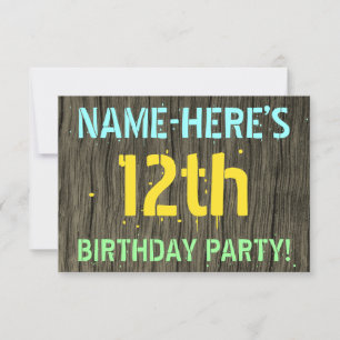 Faux Wood, Painted Text Look, 12th Birthday + Name Invitation