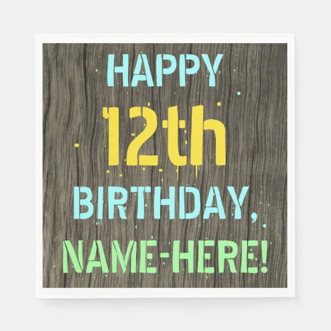 Faux Wood, Painted Text Look, 12th Birthday + Name Napkin (Front)