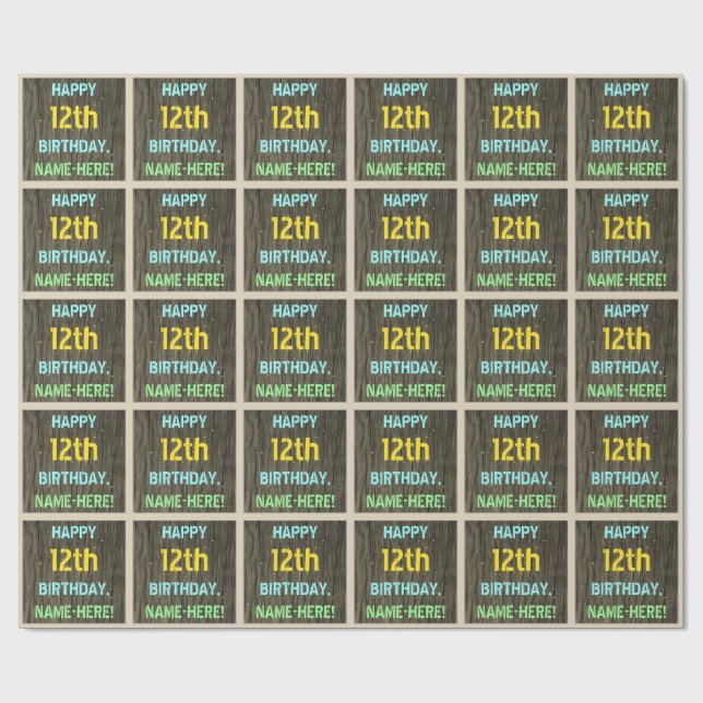 Faux Wood, Painted Text Look, 12th Birthday + Name Wrapping Paper (Flat)