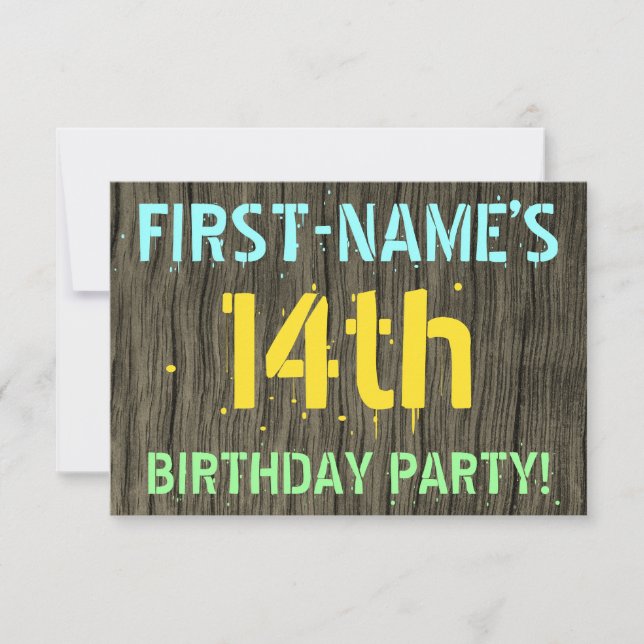 Faux Wood, Painted Text Look, 14th Birthday + Name Invitation (Front)