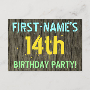 Faux Wood, Painted Text Look, 14th Birthday + Name Invitation