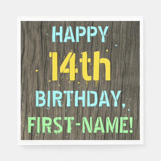 Faux Wood, Painted Text Look, 14th Birthday + Name Napkin (Front)