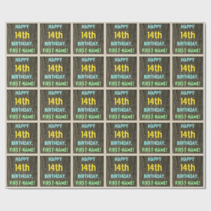 Faux Wood, Painted Text Look, 14th Birthday + Name Wrapping Paper