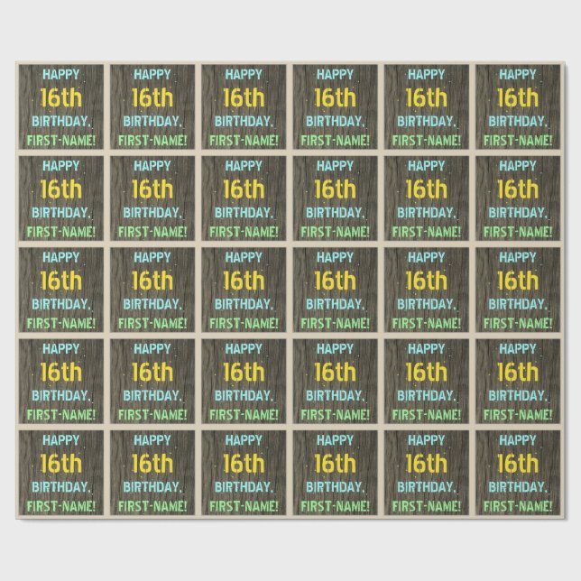 Faux Wood, Painted Text Look, 16th Birthday + Name Wrapping Paper (Flat)