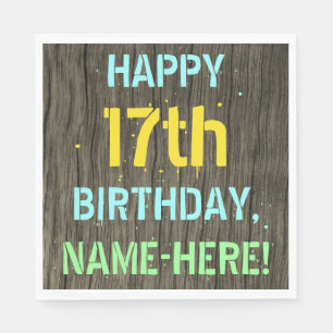 Faux Wood, Painted Text Look, 17th Birthday + Name Napkin