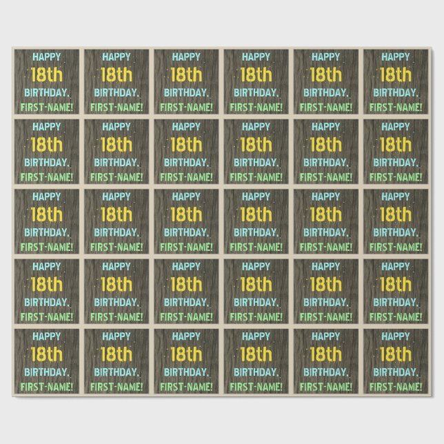 Faux Wood, Painted Text Look, 18th Birthday + Name Wrapping Paper (Flat)