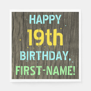 Faux Wood, Painted Text Look, 19th Birthday + Name Napkin