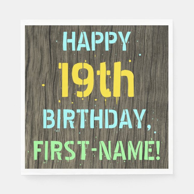 Faux Wood, Painted Text Look, 19th Birthday + Name Napkin (Front)