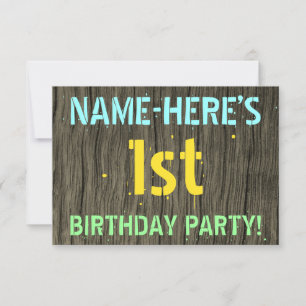 Faux Wood, Painted Text Look, 1st Birthday + Name Invitation