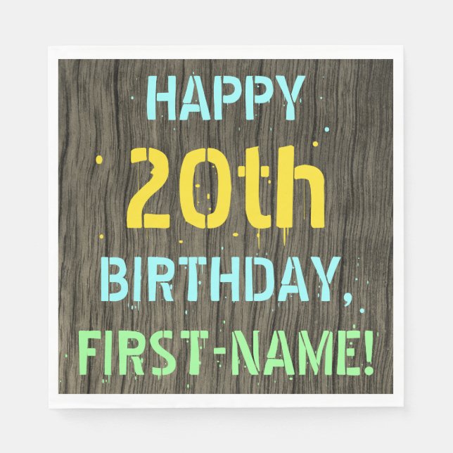 Faux Wood, Painted Text Look, 20th Birthday + Name Napkin (Front)