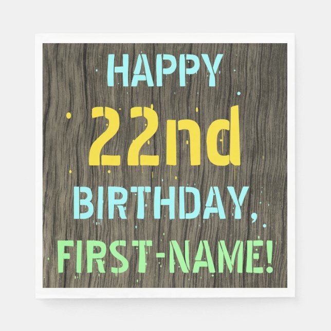 Faux Wood, Painted Text Look, 22nd Birthday + Name Napkin (Front)