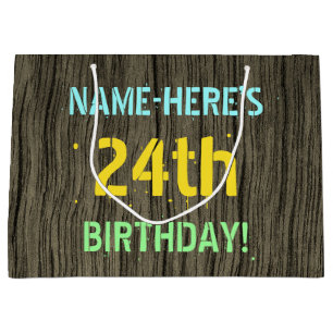 Faux Wood, Painted Text Look, 24th Birthday + Name Large Gift Bag