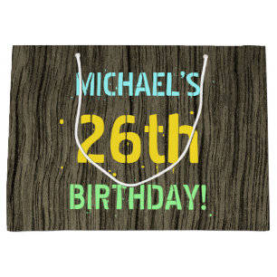 Faux Wood, Painted Text Look, 26th Birthday + Name Large Gift Bag