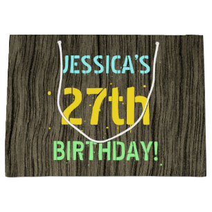 Faux Wood, Painted Text Look, 27th Birthday + Name Large Gift Bag