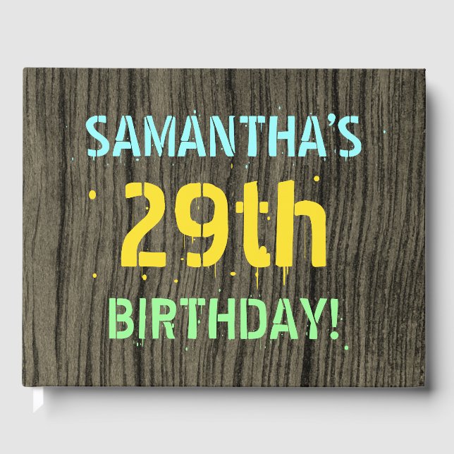 Faux Wood, Painted Text Look, 29th Birthday + Name Guest Book (Front)