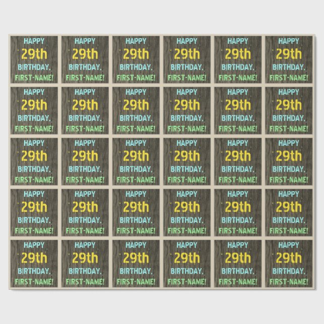 Faux Wood, Painted Text Look, 29th Birthday + Name Wrapping Paper (Flat)