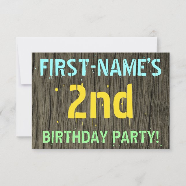 Faux Wood, Painted Text Look, 2nd Birthday + Name Invitation (Front)