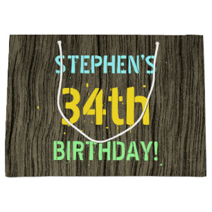 Faux Wood, Painted Text Look, 34th Birthday + Name Large Gift Bag