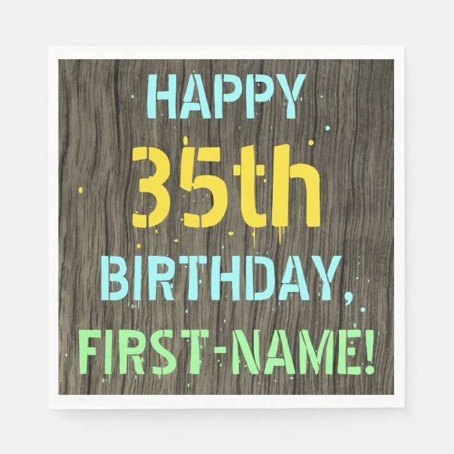 Faux Wood, Painted Text Look, 35th Birthday + Name Napkin (Front)
