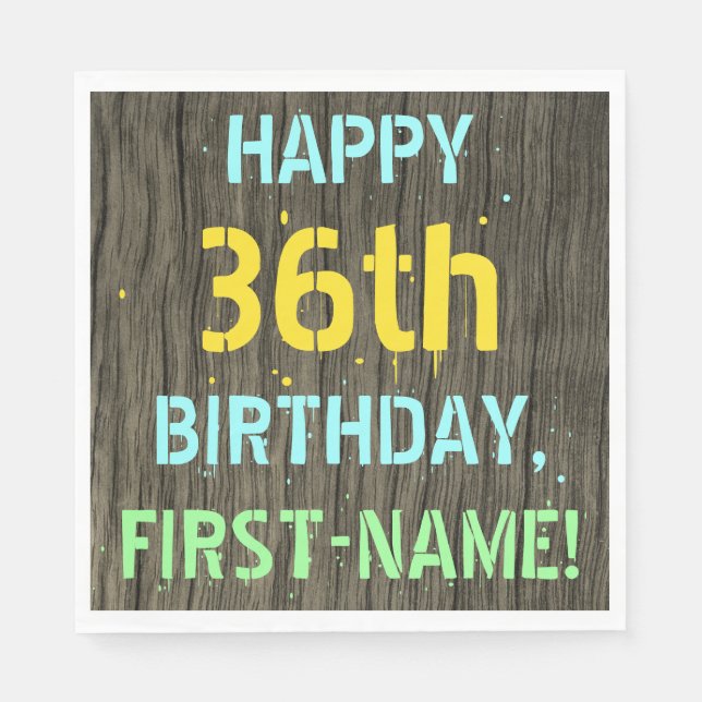 Faux Wood, Painted Text Look, 36th Birthday + Name Napkin (Front)