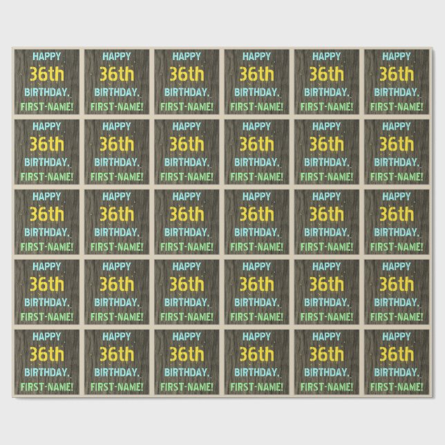 Faux Wood, Painted Text Look, 36th Birthday + Name Wrapping Paper (Flat)