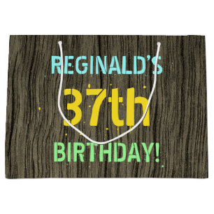 Faux Wood, Painted Text Look, 37th Birthday + Name Large Gift Bag