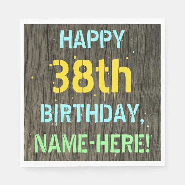 Faux Wood, Painted Text Look, 38th Birthday + Name Napkin (Front)