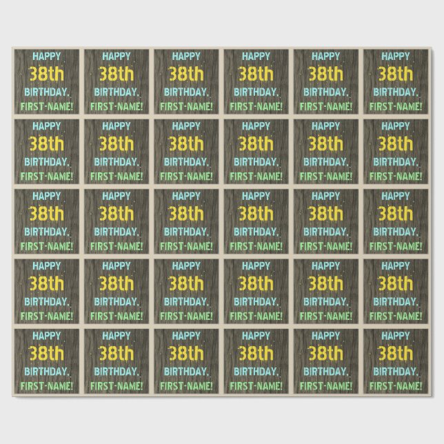 Faux Wood, Painted Text Look, 38th Birthday + Name Wrapping Paper (Flat)