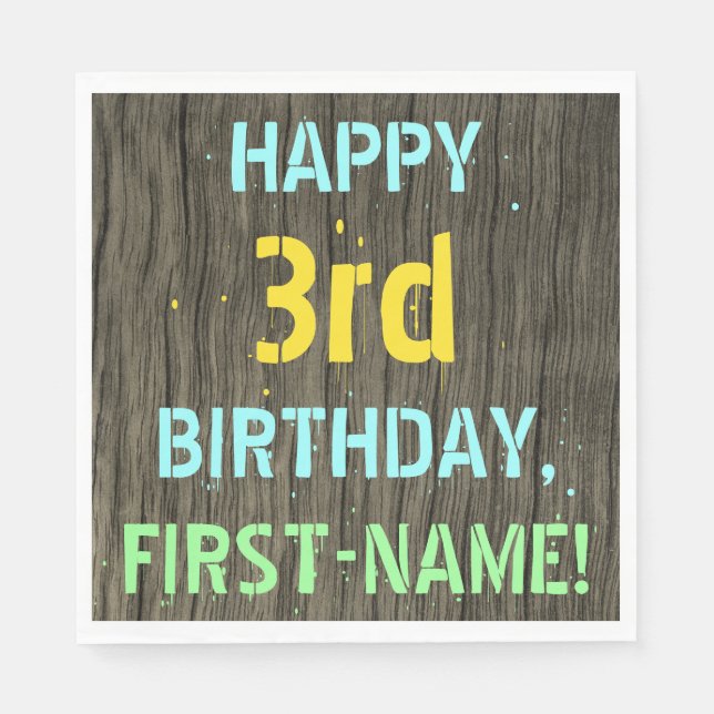 Faux Wood, Painted Text Look, 3rd Birthday + Name Napkin (Front)